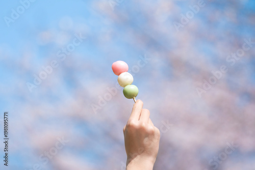 桜を背景に三色団子を持つ, 日本の花見のイメージ