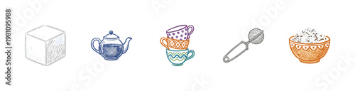 Tea Time Essentials and Brewing Equipment with Colorful Crayony Pencil Texture and Bold Colorful Colors