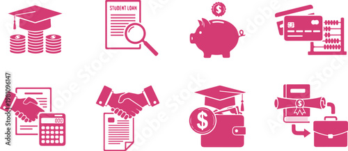 Collection of financial and educational icons representing student loans money management and career planning concepts