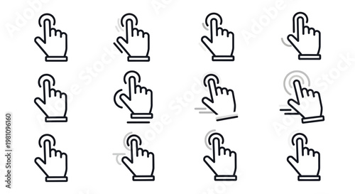 A collection of hand icons illustrating various cursor actions on a computer screen with eps file.