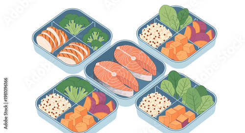 Healthy Meal Prep Containers with Salmon, Chicken, and Vegetables Vector Illustration