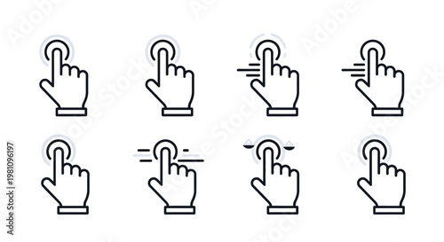 A set of hand icons pointing and clicking with fingers on a screen