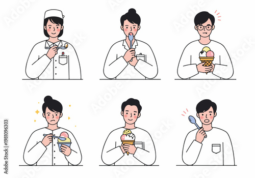 Professional food scientists and chefs tasting and evaluating various ice cream flavors in a minimalist vector illustration set for quality control and research.