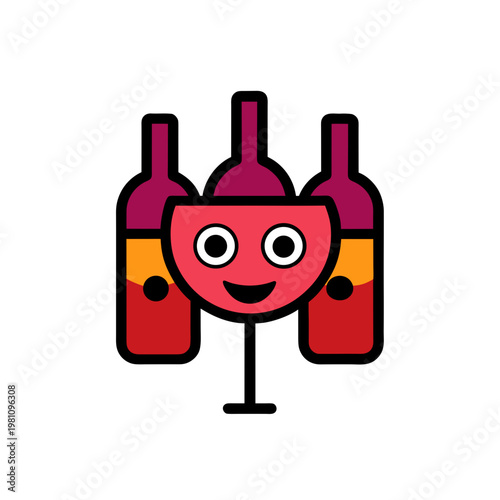Cartoon wine glass and bottles illustration on transparent background
