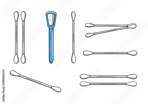 Vector illustration of various hygiene tools including cotton swabs and a blue tongue scraper isolated on a white background.