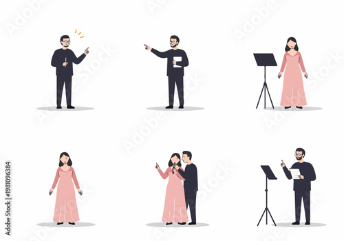 Collection of Flat Style Illustrations Featuring a Music Conductor and a Female Singer in Various Poses and Interactions.
