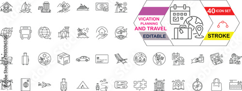 Vacation Planning and Travel Line Art Icon Set, Summer Holiday, Tourism and Trip Outline Vector Editable Stroke illustration