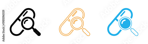 Three distinct magnifying glass icons in orange blue and black