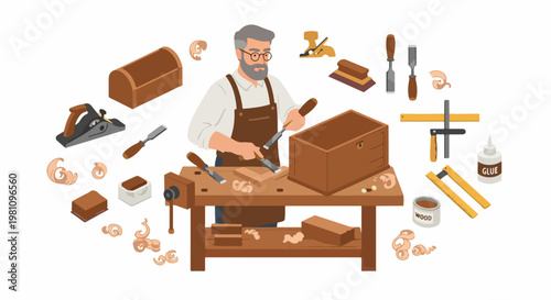 Illustration of a skilled senior carpenter working at a workbench with hand tools to build a wooden chest in his workshop.