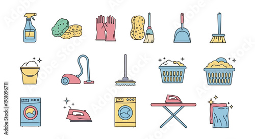 Cleaning supplies and laundry tools.
