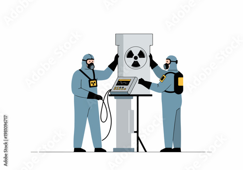 Two professionals in protective hazmat suits working with radioactive materials and monitoring equipment, nuclear safety concept illustration.