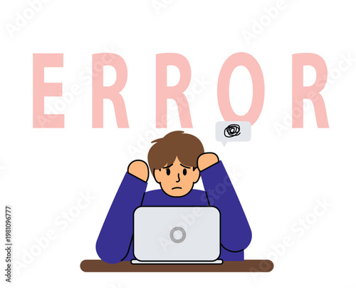 Frustrated man looking at laptop with error message on screen. Sad person feeling stressed by computer technical problem. Businessman annoyed by software failure and system crash.