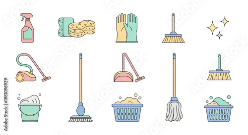 Cleaning supplies and tools collection.