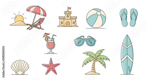 Beach vacation summer icons set.