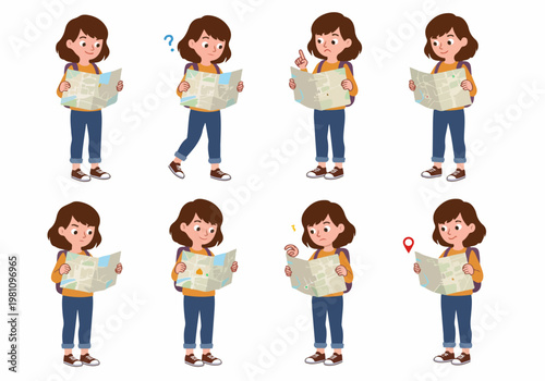 Cartoon illustration set of a young girl traveler with a backpack holding a map, showing different facial expressions and poses on white background.