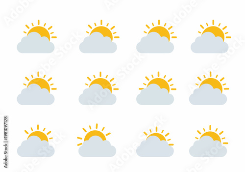 Set of twelve identical weather icons featuring a sun behind a cloud, representing partly cloudy or sunny interval weather conditions in flat vector style.