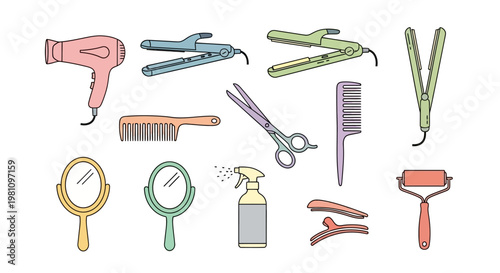 Hair styling tools and equipment collection.