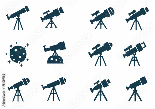 Collection of telescope silhouettes and moon icon representing astronomy, space observation, and scientific exploration on white background.