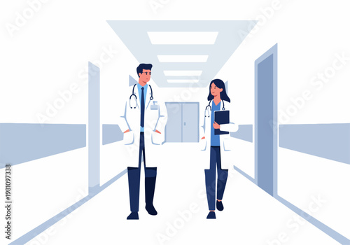 Illustration of two diverse medical professionals, a male and female doctor, walking through a modern hospital corridor while discussing patient care.