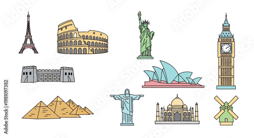 Famous landmarks of the world icons.