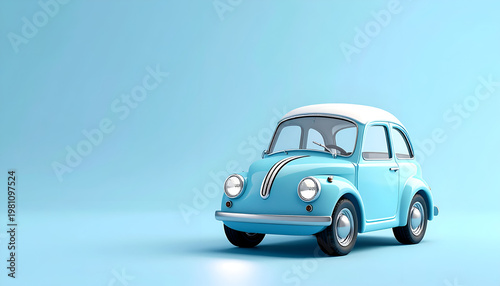 A charming, stylized vintage car sits prominently against a soft blue background, evoking a sense of nostalgia and playful design.