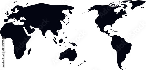 Asia Centered Dark World Map Silhouette Flat Vector Illustration