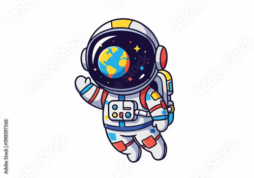 Cartoon astronaut floating in space with Earth visible inside his helmet, illustration