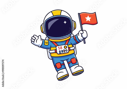 Cartoon astronaut floating in space holding a flag with a star, vector illustration
