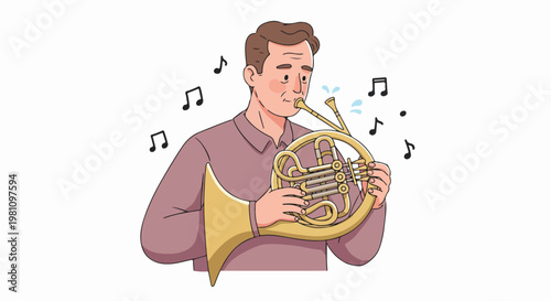 Middle-aged male musician playing the French horn, an illustration of an artist performing classical music.