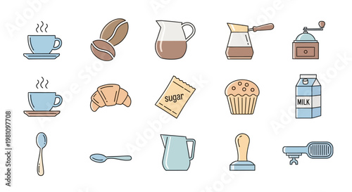 Colorful coffee and bakery icons set.