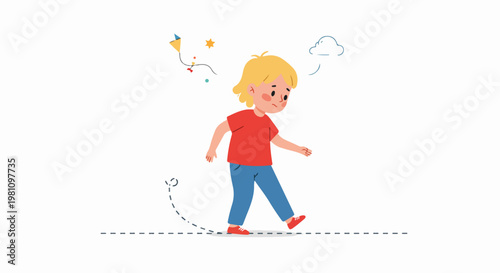 Sad little boy walking away from his broken kite, flat vector illustration isolated on white background