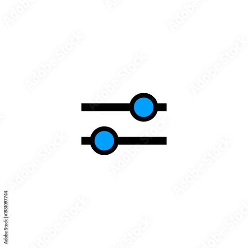 Minimalist settings slider icon with two horizontal bars and blue adjustment circles. Flat vector illustration representing configuration, filter options, volume control.