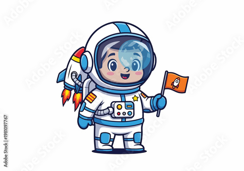 Cartoon astronaut character with a rocket pack holding an orange flag with a rocket ship