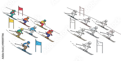 Group of skiers racing downhill illustration. Colorful vector design and matching black and white line art outline for coloring page concept.