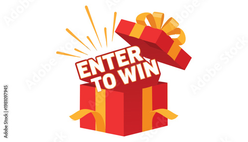 Enter to Win illustration with gift box opening with prizes. Vector graphic design background for social media, business, marketing, promotions
