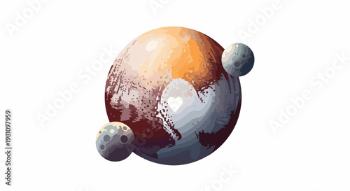 Artistic illustration of Pluto and its moons with a heart shape on the dwarf planet's surface