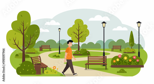 A young man walking through a peaceful city park with green trees, colorful flowers, and wooden benches on a sunny day.
