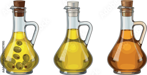 Olive Oil Glass Bottles Set with Varieties of Oil, Olive Infused Oils, and Cooking Oils for Mediterranean Cuisine and Culinary Designs