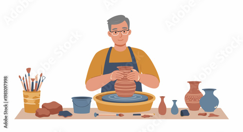 Senior male artist creating a clay vase on a pottery wheel in a creative workshop illustration.