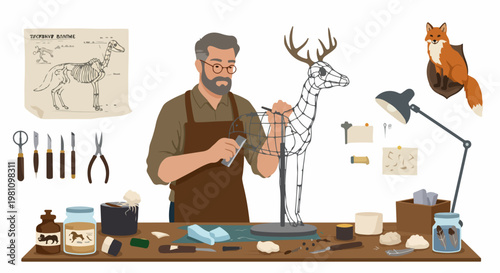 Taxidermist craftsman working on a deer wire frame in a detailed workshop studio with tools, jars, and anatomical diagrams.
