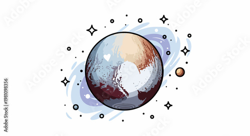 An illustrated cartoon image of the dwarf planet Pluto with a heart-shaped area and stars.