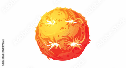 An artistic vibrant illustration of a fiery sun with solar flares isolated on a white background