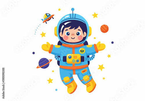Adorable illustration of a child astronaut floating in space with planets and stars around