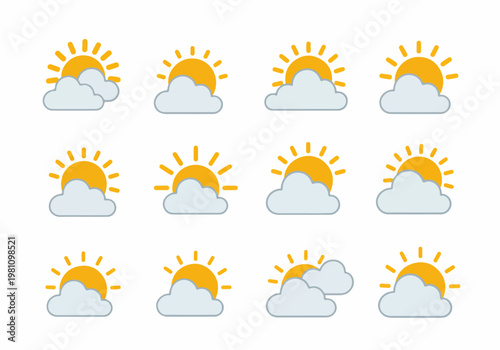 Set of twelve flat vector weather icons showing sun and cloud for partly cloudy forecast, minimalist design for mobile apps and web.