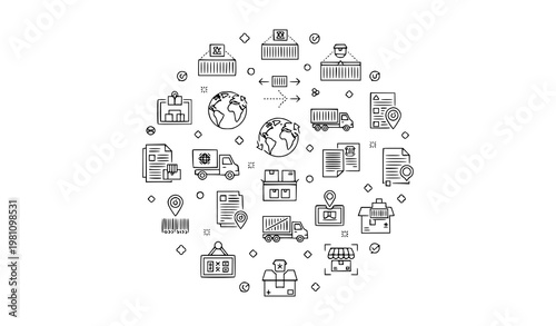 Global trade and logistics thin line icons with import export operations supply chain and shipping process outline set