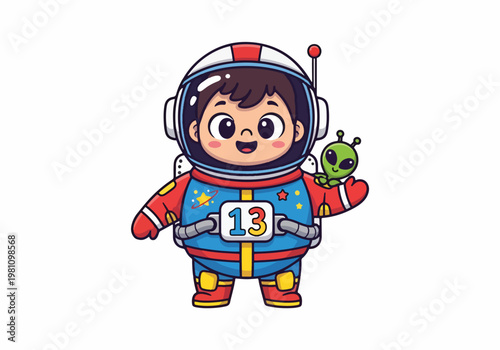 Adorable illustration of a cartoon astronaut with a friendly alien on a white background