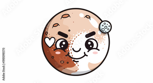 Adorable cartoon illustration of the planet Pluto smiling with a heart and a moon