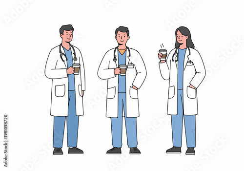 Three medical professionals in lab coats and scrubs holding coffee cups, smiling and relaxing during a break in a minimalist illustration.