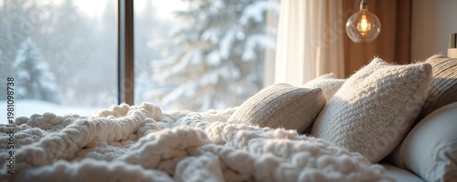 Warm cozy bed with thick blanket and pillows. Outside window snowy trees in soft sunlight. Peaceful winter morning scene. Comfortable home atmosphere.