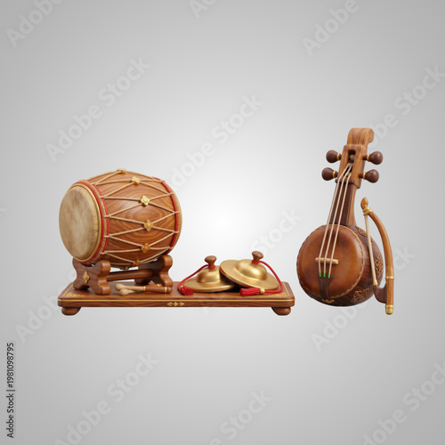 Elegant 3D Rendering of Traditional Korean Gugak Musical Instruments Featuring a Drum and Fiddle